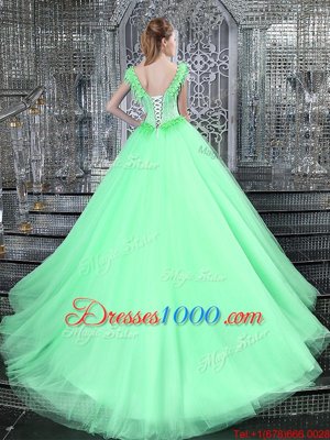 Apple Green Ball Gowns Straps Sleeveless Tulle With Brush Train Lace Up Beading and Appliques Ball Gown Prom Dress