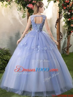 Perfect Lavender Bateau Lace Up Appliques Vestidos de Quinceanera Sleeveless