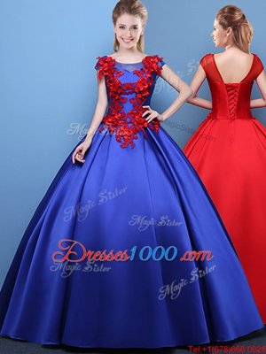 Scoop Cap Sleeves Lace Up Floor Length Appliques Quinceanera Gown