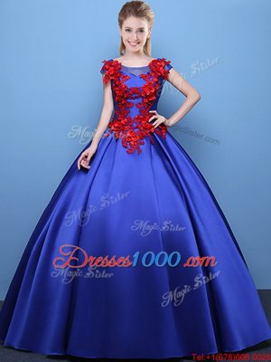 Scoop Cap Sleeves Lace Up Floor Length Appliques Quinceanera Gown