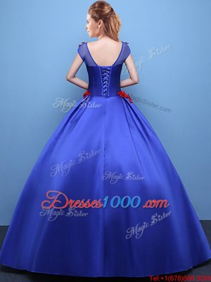 Scoop Cap Sleeves Lace Up Floor Length Appliques Quinceanera Gown