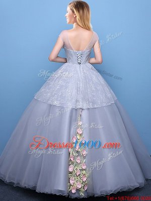 Scoop Cap Sleeves Lace Up Floor Length Appliques Sweet 16 Quinceanera Dress