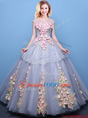 Scoop Cap Sleeves Lace Up Floor Length Appliques Sweet 16 Quinceanera Dress