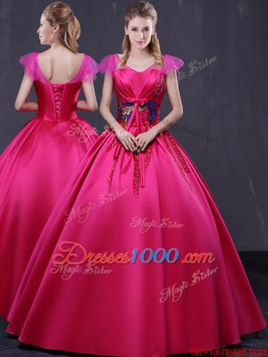Beautiful Cap Sleeves Floor Length Appliques Lace Up Quinceanera Gown with Hot Pink