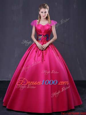 Beautiful Cap Sleeves Floor Length Appliques Lace Up Quinceanera Gown with Hot Pink