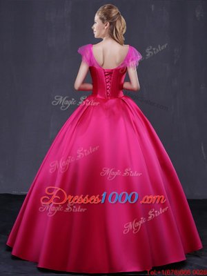 Beautiful Cap Sleeves Floor Length Appliques Lace Up Quinceanera Gown with Hot Pink