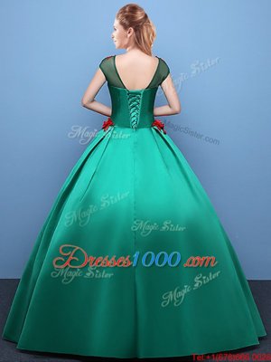 Scoop Appliques Quinceanera Dresses Green Lace Up Cap Sleeves Floor Length