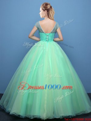 Scoop Appliques Quinceanera Dress Apple Green Lace Up Cap Sleeves Floor Length