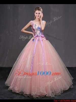 Artistic Baby Pink Tulle Lace Up V-neck Sleeveless Floor Length 15th Birthday Dress Appliques and Belt