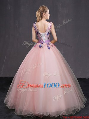 Artistic Baby Pink Tulle Lace Up V-neck Sleeveless Floor Length 15th Birthday Dress Appliques and Belt