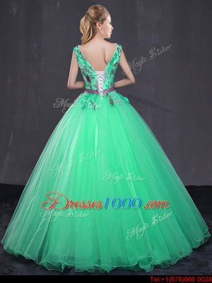 Admirable Turquoise Sleeveless Tulle Lace Up 15 Quinceanera Dress for Military Ball and Sweet 16 and Quinceanera