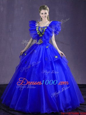 Modest Sweetheart Sleeveless Vestidos de Quinceanera Floor Length Appliques and Ruffles Royal Blue Organza