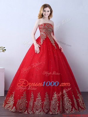 Fashionable Sequins Red Sleeveless Tulle Lace Up Sweet 16 Dress for Military Ball and Sweet 16 and Quinceanera