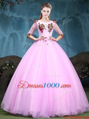 Gorgeous Scoop Appliques Quinceanera Dresses Baby Pink Lace Up Half Sleeves Floor Length