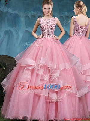 Flare Scoop Sleeveless Lace Up Quinceanera Dresses Baby Pink Tulle