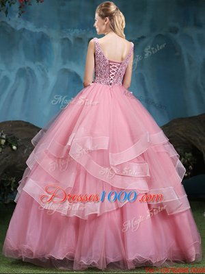 Flare Scoop Sleeveless Lace Up Quinceanera Dresses Baby Pink Tulle
