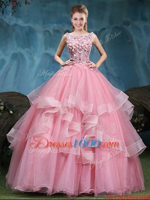 Flare Scoop Sleeveless Lace Up Quinceanera Dresses Baby Pink Tulle