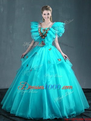 Aqua Blue Lace Up Sweet 16 Quinceanera Dress Embroidery Sleeveless Floor Length