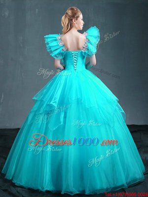 Aqua Blue Lace Up Sweet 16 Quinceanera Dress Embroidery Sleeveless Floor Length