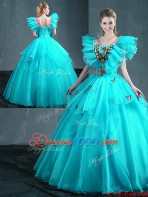 Aqua Blue Lace Up Sweet 16 Quinceanera Dress Embroidery Sleeveless Floor Length
