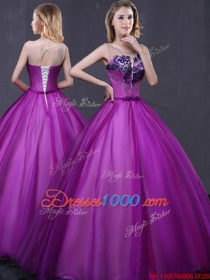 Stunning Scoop Sleeveless Lace Up 15 Quinceanera Dress Purple Tulle