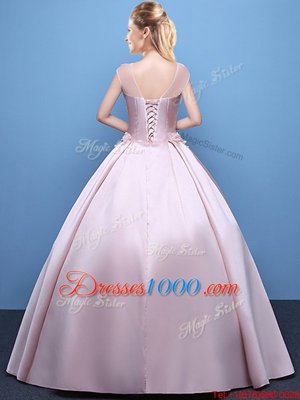 Cheap Pink Satin Lace Up Scoop Cap Sleeves Floor Length Vestidos de Quinceanera Appliques