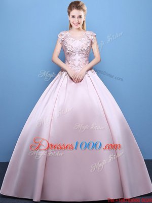 Cheap Pink Satin Lace Up Scoop Cap Sleeves Floor Length Vestidos de Quinceanera Appliques