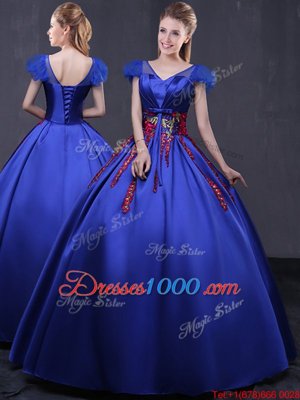 Smart Royal Blue Cap Sleeves Satin Lace Up Quinceanera Dresses for Military Ball and Sweet 16 and Quinceanera