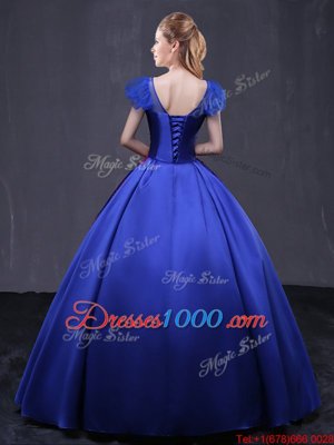 Smart Royal Blue Cap Sleeves Satin Lace Up Quinceanera Dresses for Military Ball and Sweet 16 and Quinceanera