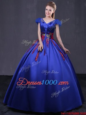Smart Royal Blue Cap Sleeves Satin Lace Up Quinceanera Dresses for Military Ball and Sweet 16 and Quinceanera