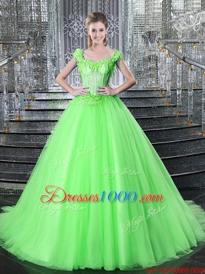 Fashionable Straps Straps Ball Gowns Beading and Appliques 15 Quinceanera Dress Lace Up Tulle Sleeveless With Train