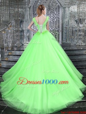 Fashionable Straps Straps Ball Gowns Beading and Appliques 15 Quinceanera Dress Lace Up Tulle Sleeveless With Train