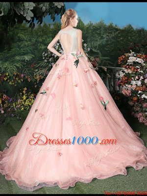 Scoop Sleeveless Organza Sweet 16 Quinceanera Dress Appliques Brush Train Lace Up