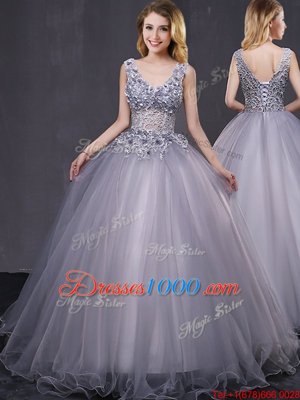 Custom Made Grey Quince Ball Gowns Military Ball and Sweet 16 and Quinceanera and For with Appliques Sleeveless Lace Up