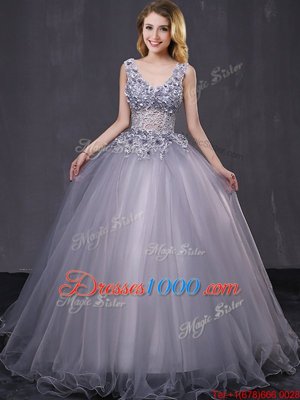 Custom Made Grey Quince Ball Gowns Military Ball and Sweet 16 and Quinceanera and For with Appliques Sleeveless Lace Up