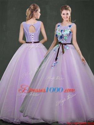 High End Ball Gowns 15th Birthday Dress Lavender Scoop Organza Sleeveless Floor Length Lace Up