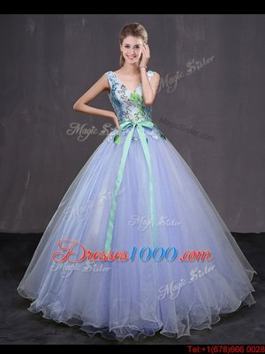 Captivating Lavender Ball Gowns Tulle Sleeveless Appliques and Belt Floor Length Lace Up Sweet 16 Dress