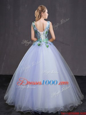 Captivating Lavender Ball Gowns Tulle Sleeveless Appliques and Belt Floor Length Lace Up Sweet 16 Dress