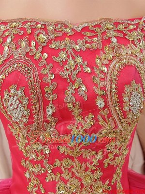 Hot Selling Off the Shoulder Red Sleeveless Floor Length Appliques and Sequins Lace Up 15 Quinceanera Dress