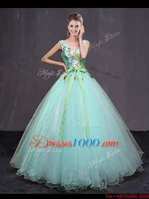 Stunning Aqua Blue Lace Up V-neck Appliques and Belt Quinceanera Dress Tulle Sleeveless