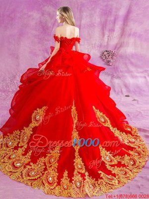 Tulle Off The Shoulder Sleeveless Court Train Lace Up Beading and Appliques and Ruffles Quinceanera Dresses in Red