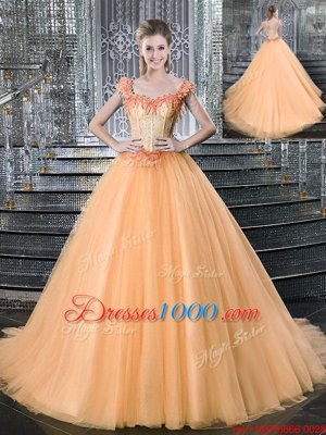 Colorful Straps Sleeveless Brush Train Lace Up Sweet 16 Quinceanera Dress Orange Tulle