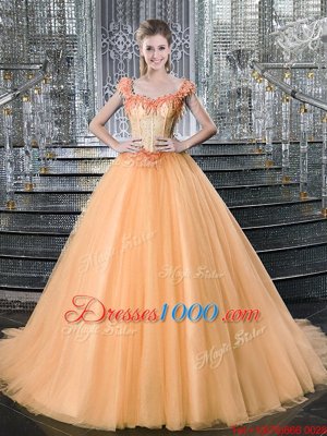 Colorful Straps Sleeveless Brush Train Lace Up Sweet 16 Quinceanera Dress Orange Tulle