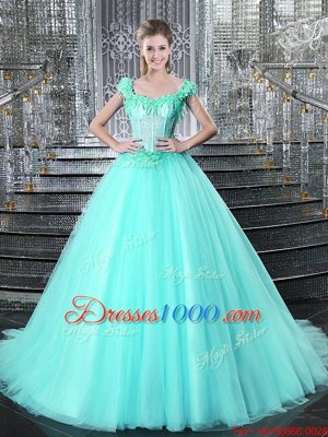 Elegant With Train Aqua Blue Quinceanera Dress Straps Sleeveless Brush Train Lace Up