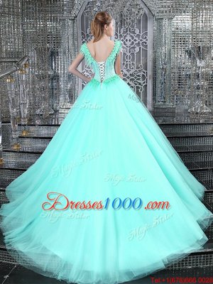 Elegant With Train Aqua Blue Quinceanera Dress Straps Sleeveless Brush Train Lace Up