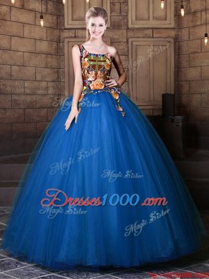 Suitable Blue One Shoulder Lace Up Pattern Sweet 16 Quinceanera Dress Sleeveless