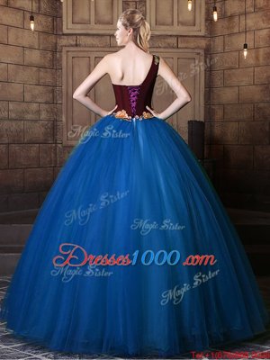 Suitable Blue One Shoulder Lace Up Pattern Sweet 16 Quinceanera Dress Sleeveless
