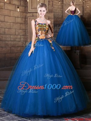 Suitable Blue One Shoulder Lace Up Pattern Sweet 16 Quinceanera Dress Sleeveless