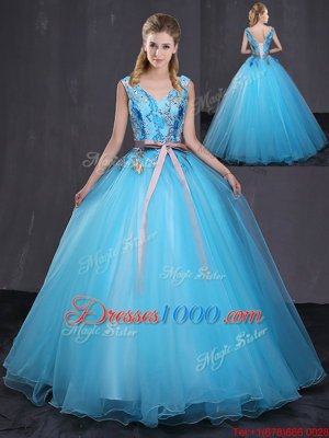 V-neck Sleeveless Lace Up Quinceanera Dress Blue Tulle