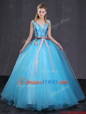 V-neck Sleeveless Lace Up Quinceanera Dress Blue Tulle